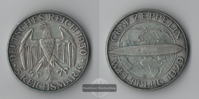  BRD, Weimarer Republik  5 Reichsmark  1930 J FM-Frankfurt  Feinsilber: 12,5g   