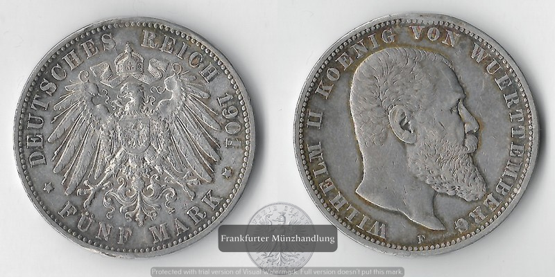  Württemberg, Kaiserreich  5 Mark  1901 F Wilhelm II.  FM-Frankfurt Feinsilber: 25g   