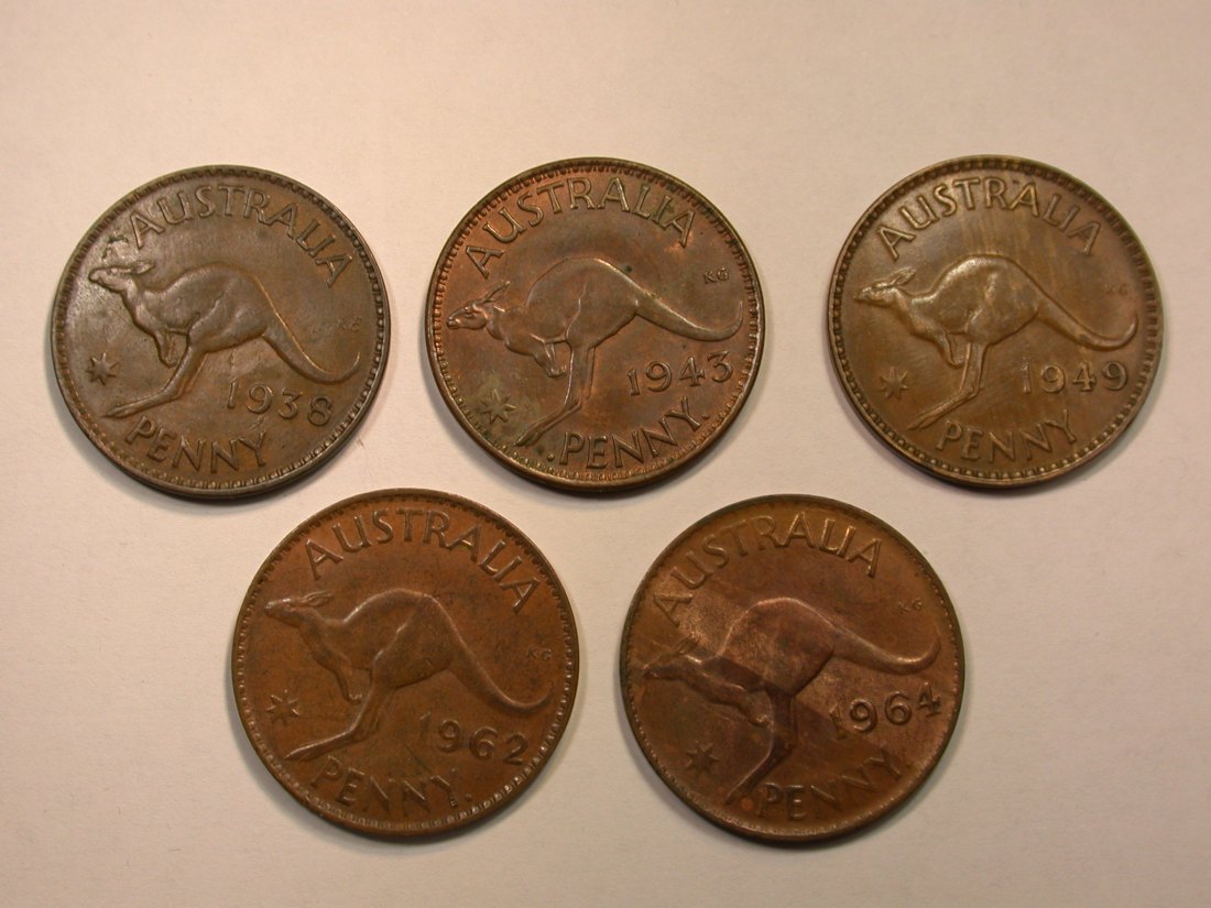  Lots -46-  Australien  5 x 1 Penny 1938-1964   Orginalbilder   