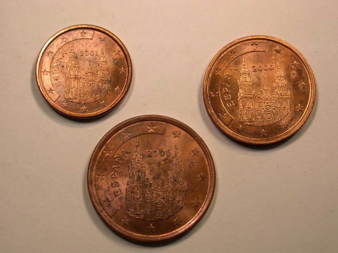E01 Spanien 1, 2 und 5 Cent 2000 u 2001 in unc mit Zertifikat Orginalbilder