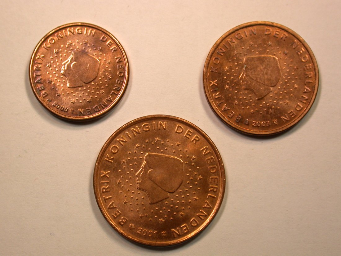 E01 Niederlande 1, 2 und 5 Cent 2000, 2001 u. 2003 in unc mit Zertifikat Orginalbilder