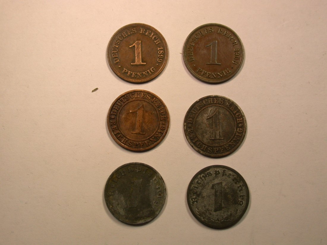  E01  1 Pfennig 1899-1945  6 Münzen   Originalbilder   