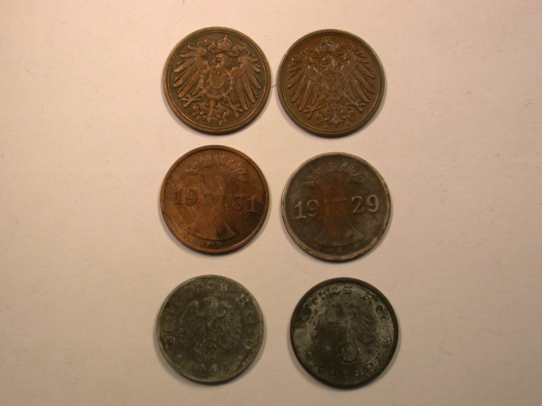 E01  1 Pfennig 1899-1945  6 Münzen   Originalbilder   