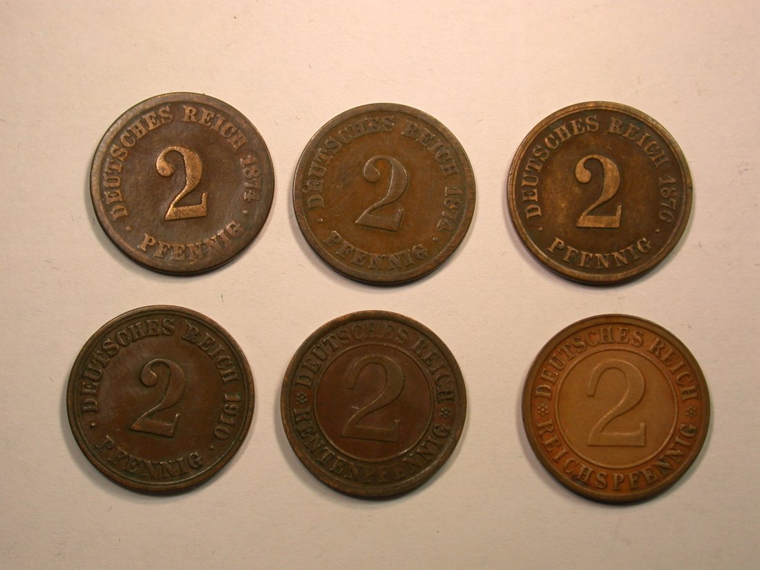 E01 2 Pfennig 1874-1925 6 Münzen Originalbilder