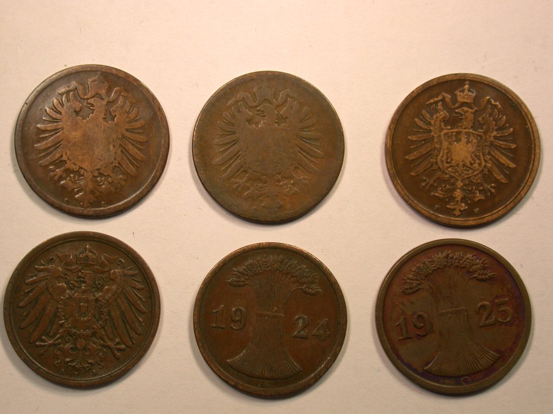  E01  2 Pfennig 1874-1925  6 Münzen   Originalbilder   