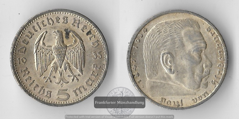  BRD, Drittes Reich 5 Reichsmark  1935 A  Paul von Hindenburg   FM-Frankfurt  Feinsilber: 12,50g   