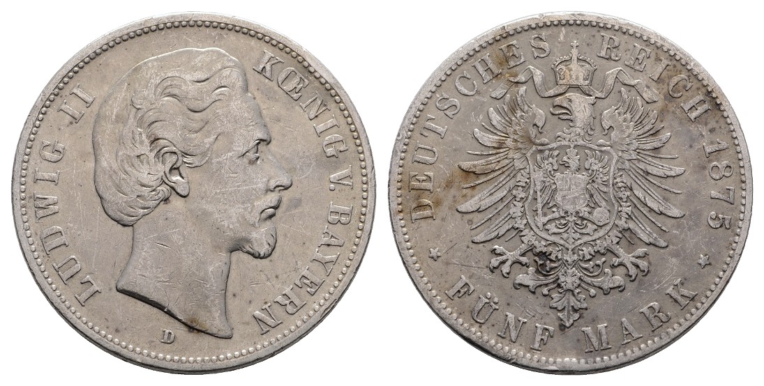 Linnartz KAISERREICH Bayern Ludwig II. 5 Mark 1875 D ss-   