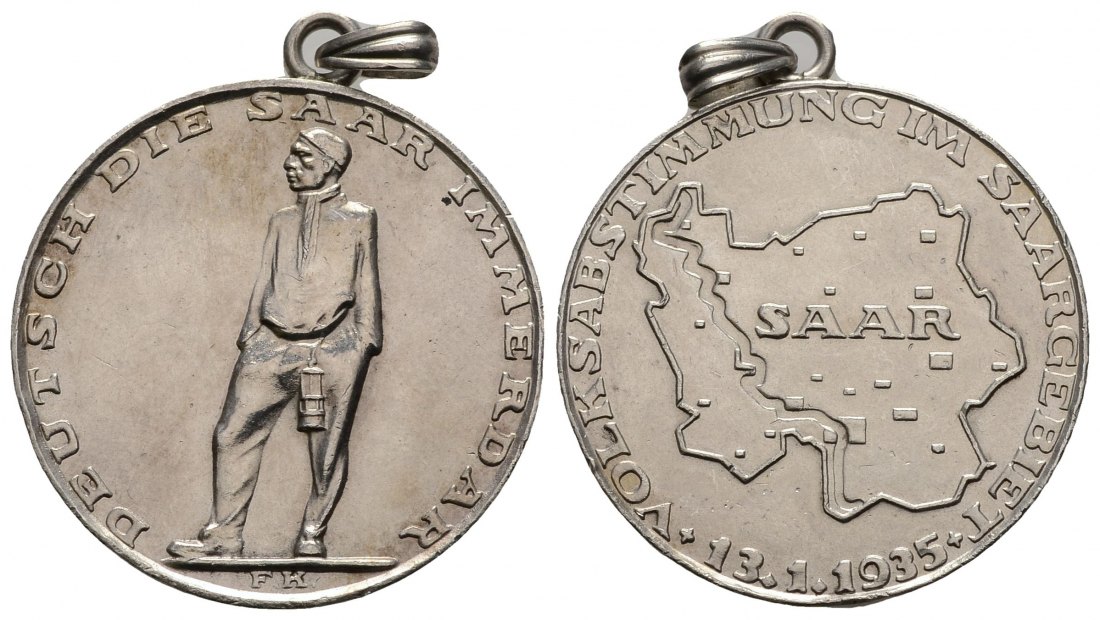 PEUS 3488 Deutschland 36 mm / rau 22,43 g. Volksabstimmung Saarland Silbermedaille 1935 Gehenkelt, Sehr schön