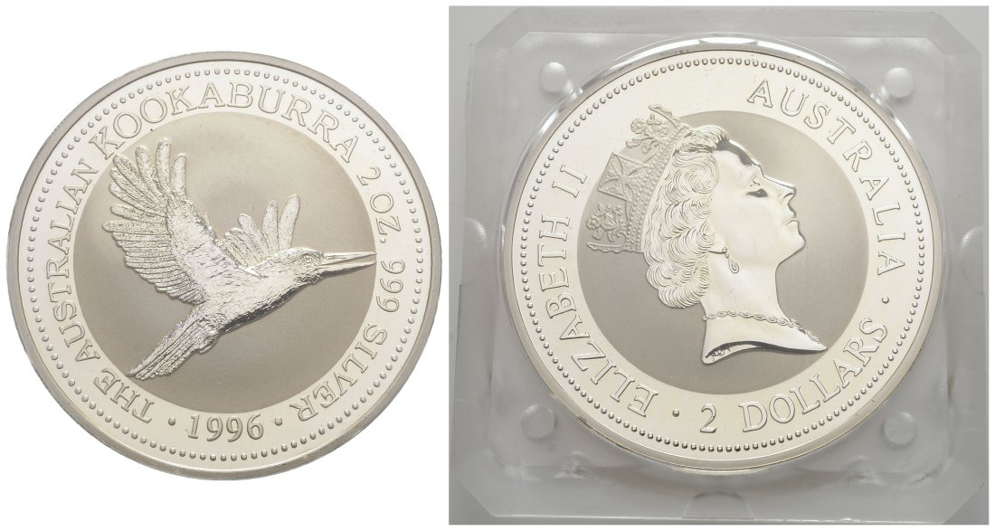 PEUS 3493 Australien 62,2 g Feinsilber. Fliegender Kookaburra 2 Dollars SILBER 2 Unzen 1996 Uncirculated (in Originalkapsel)