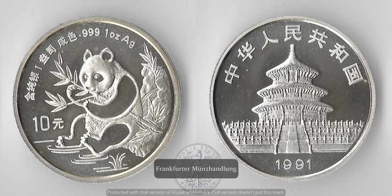  China, 10 Yuan  1991   Panda - am Wasser sitzend mit Bambus   FM-Frankfurt  Feinsilber: 31,1g   