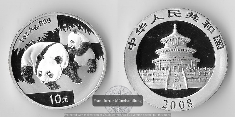  China, 10 Yuan Panda mit stehendem Jungtier 2008  FM-Frankfurt  Feinsilber: 31,1g   
