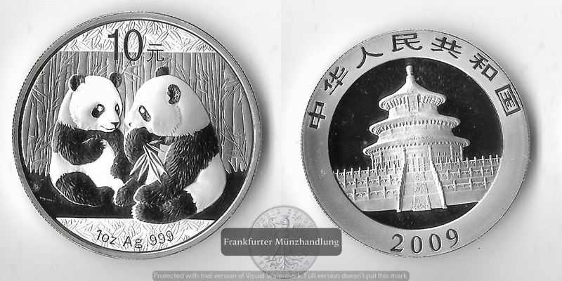  China, 10 Yuan 2009 Panda mit sitzendem Jungtier FM-Frankfurt Feinsilber: 31,1g   
