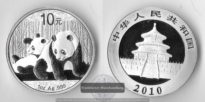  China, 10 Yuan 2010 Panda mit liegendem Jungtier FM-Frankfurt Feinsilber: 31,1g   