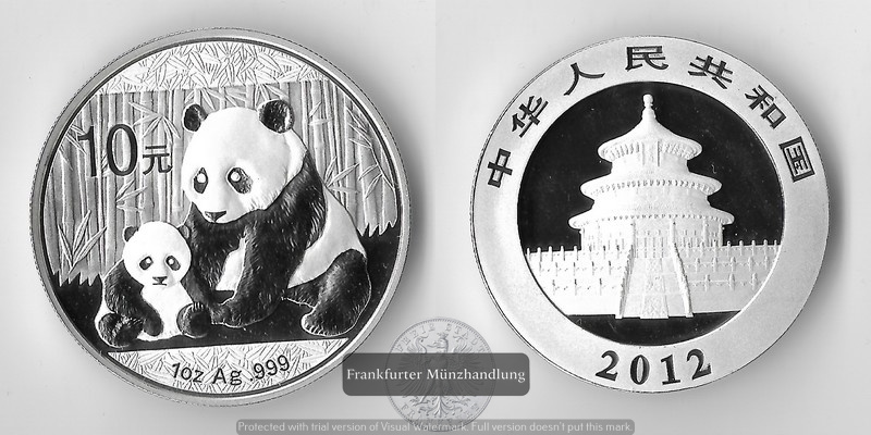  China, 10 Yuan 2012 Panda mit sitzendem Baby FM-Frankfurt Feinsilber: 31,1g   