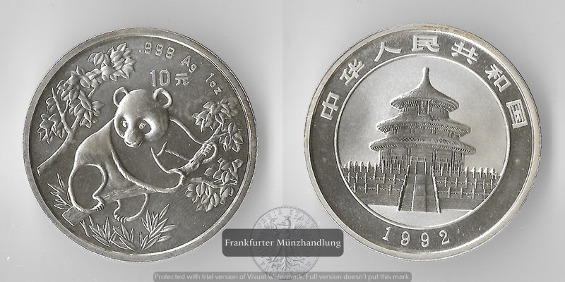  China, 10 Yuan  1992   Panda - im Baum sitzend FM-Frankfurt  Feinsilber: 31,1g   