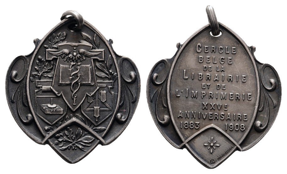  Linnartz Jugendstil Belgien tragbare Silbermedaille 1908 (P.Fisch) 25 Jahrfeier, 11,4 Gr., v-st   