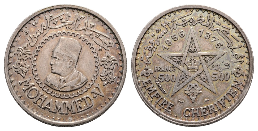  Linnartz Marokko 500 Francs 1956, Gewicht: 22,6g/900er, vz-st   