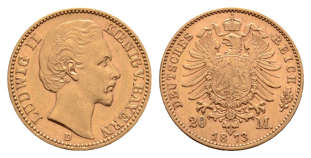  Linnartz Bayern, Ludwig II., 20 Mark 1873 D, vz-   