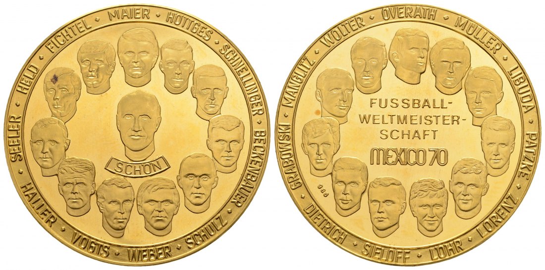 PEUS 3501 BRD 29,74 g Feingold / 40 mm. Fußball WM Mexiko 1970 Goldmedaille o.J. Impaired Proof / Vorzüglich aus PP