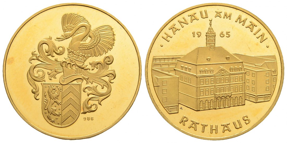 PEUS 3502 BRD 9,72 g Feingold / 25 mm. Rathaus Hanau Goldmedaille 1965 Vorzüglich + aus Polierter Platte