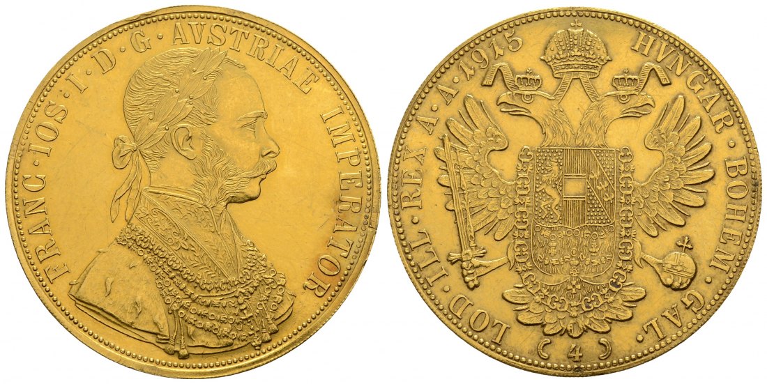 PEUS 3509 Österreich 13,76 g Feingold. Franz Joseph I. (1848 - 1916) 4 Dukaten (off.NP) GOLD 1915 Leicht gewellt, kl. Kratzer, fVorzüglich