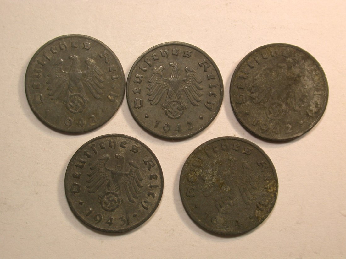  E03  3.Reich  1 Pfennig 1942-1944 5 Münzen Originalbilder   