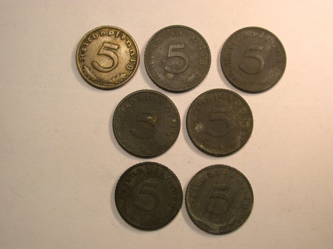  E03  3.Reich  5 Pfennig 1939-1944 7 Münzen Originalbilder   