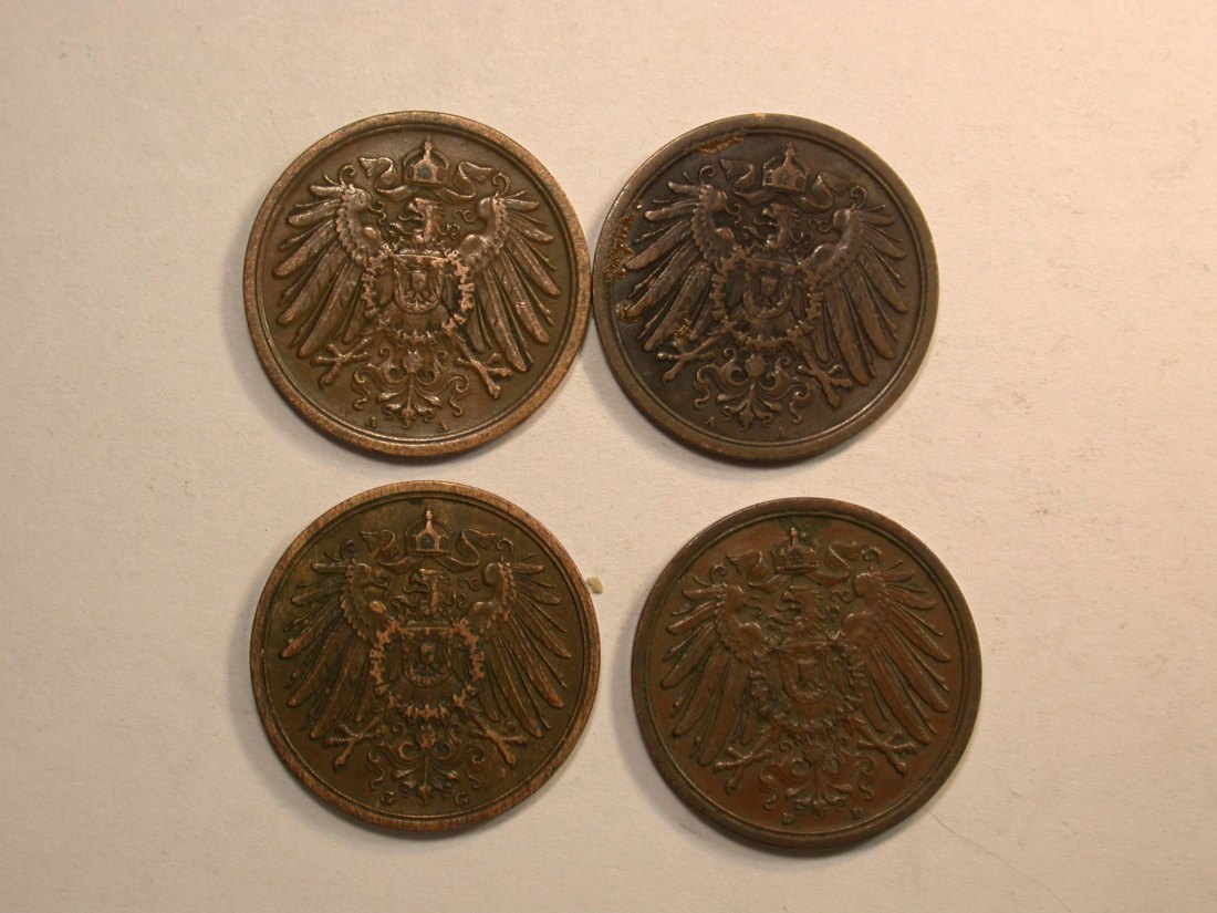  E03  KR  2 Pfennig 1907-1912  4 Münzen  Originalbilder   
