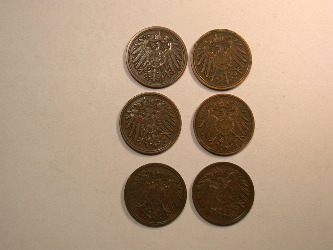  E03  KR  1 Pfennig 1900-1913  6 Münzen  Originalbilder   
