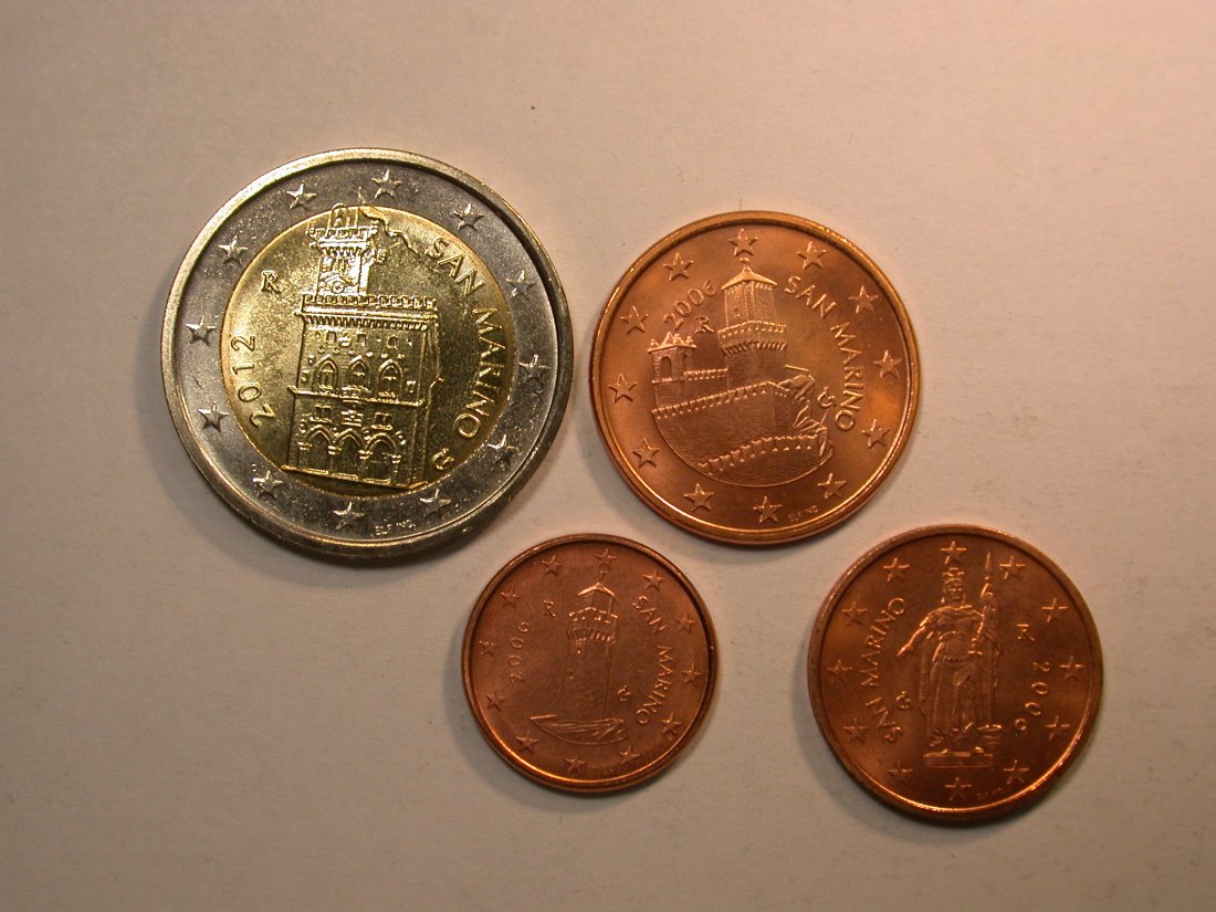  E03  San Marino 1,2 und 5 Cent 2006, 2 Euro 2012 in UNC  Originalbilder   