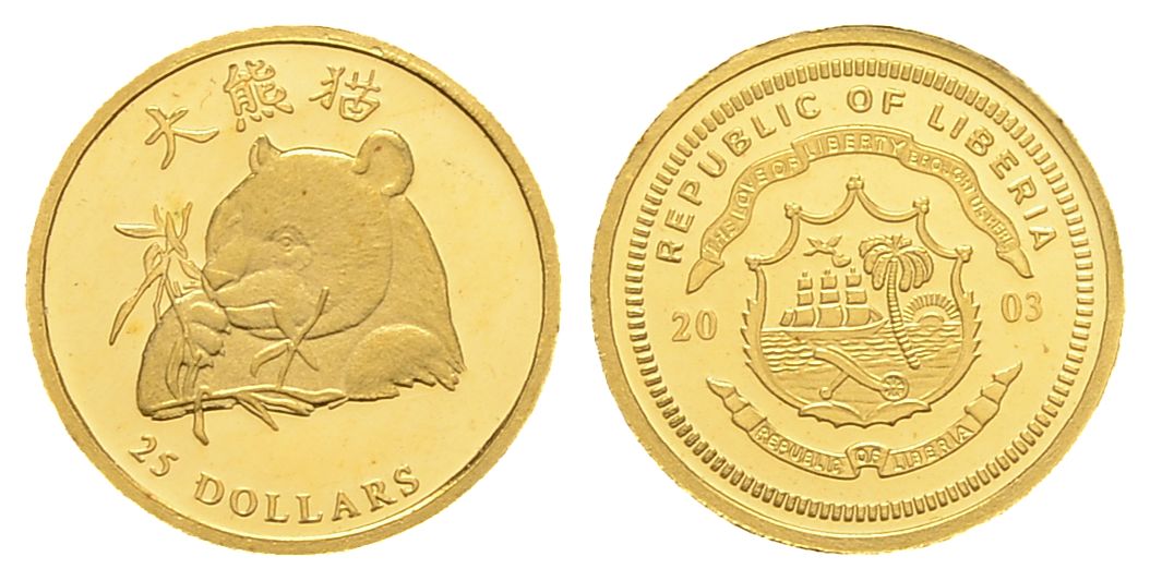 PEUS 3514 Liberia 0,7 g rau. Panda der Bambus frisst 25 Dollars GOLD 2003 Proof