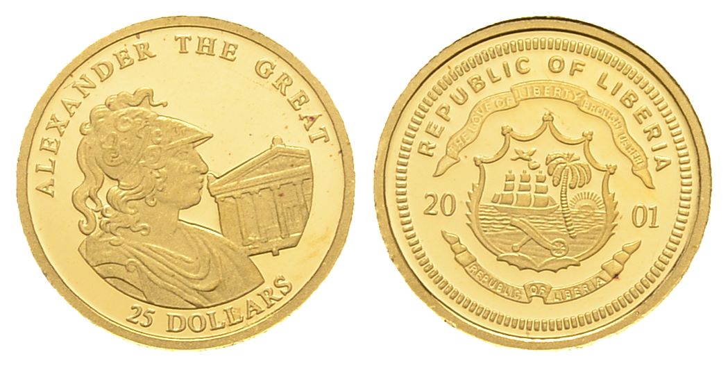 PEUS 3515 Liberia 0,7 g rau. Alexander der Große 25 Dollars GOLD 2001 Proof