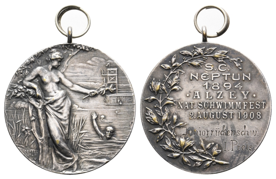  Alzey, Medaille 1908; versilbert, 16,23 g; Ø 35,29 mm, tragbar   