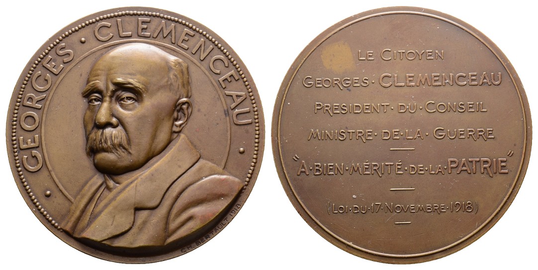  Linnartz 1. Weltkrieg Frankreich Bronzemedaille 1918 (Bertault) Clemenceau vz-stgl Gewicht: 116,6g   