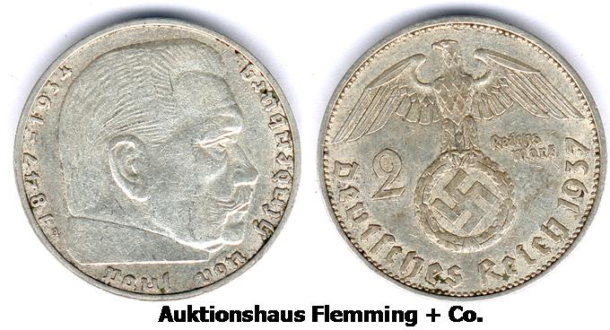 III. Reich 2 Mark 1937 A. Paul von Hindenburg AKS 33, Jaeger 366, ss