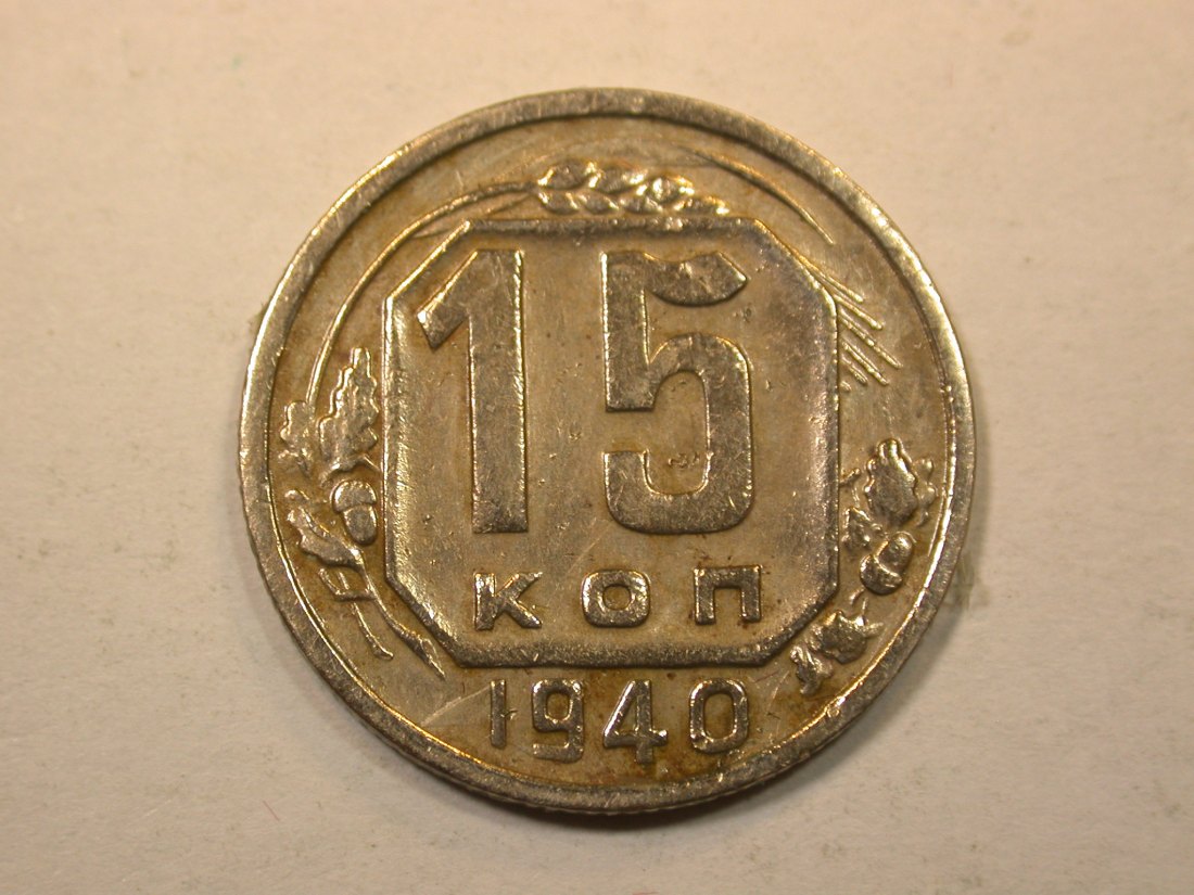 D15 UDSSR 15 Kopeken 1940 in f.ss, geputzt Originalbilder