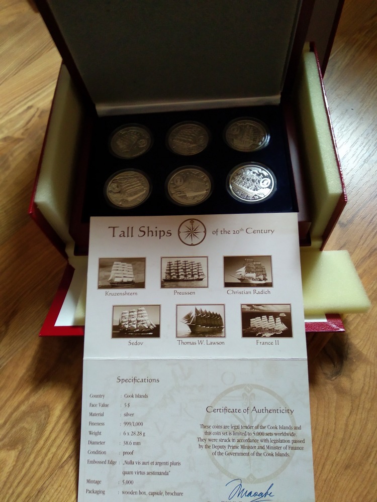 6 x 5 Dollars 2008, Cook Islands, Tall Ships of the 20th Century, OVP, Etui, Zertifikat, PP