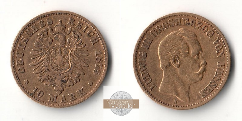 Hessen, Kaiserreich  10 Mark  1875 H MM-Frankfurt Feingold: 3,59g Ludwig III. 1848-1877  