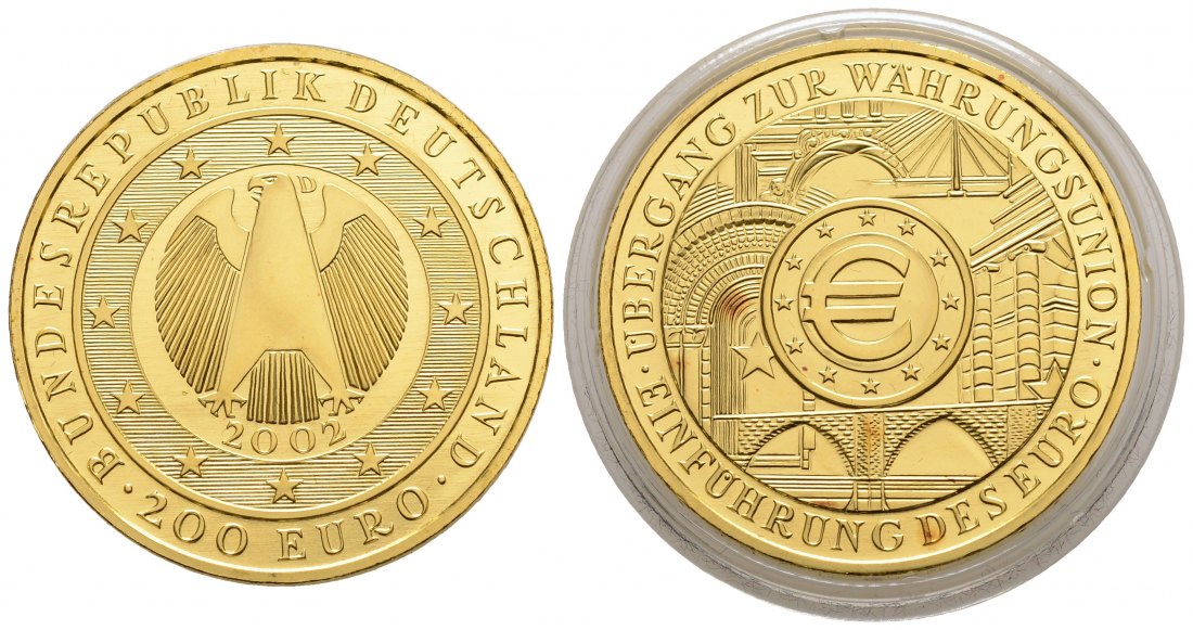 PEUS 3645 BRD 31,1 g Feingold. Währungsunion OHNE Etui und Zertifikat 200 Euro GOLD 2002 D München Leicht fleckig, Stempelglanz (in Kapsel)