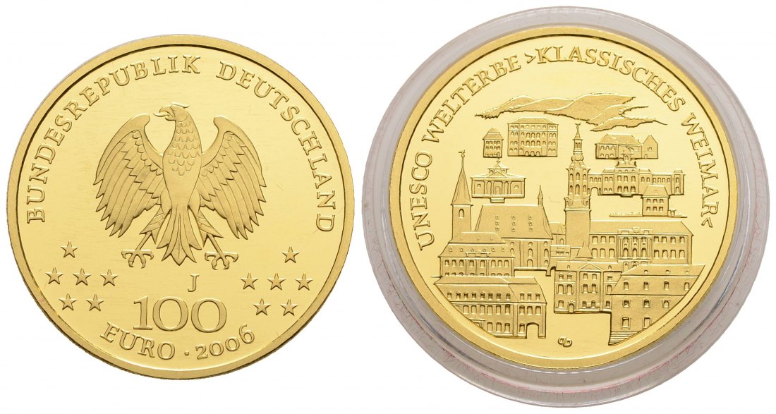 PEUS 3662 BRD 15,55 g Feingold. Weimar OHNE Etui + Zertifikat 100 Euro GOLD 2006 J Hamburg Stempelglanz (Originalkapsel)