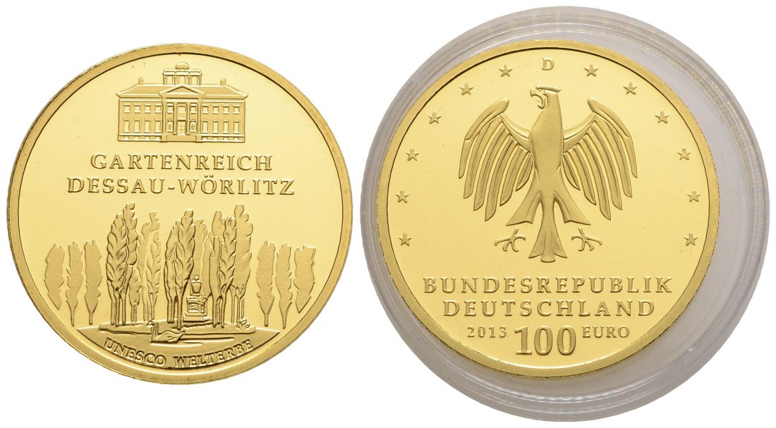 PEUS 3675 BRD 15,55 g Feingold. Dessau-Wörlitz O H N E Etui + Zertifikat 100 Euro GOLD 1/2 Unze 2013 D München Stempelglanz (Originalkapsel)
