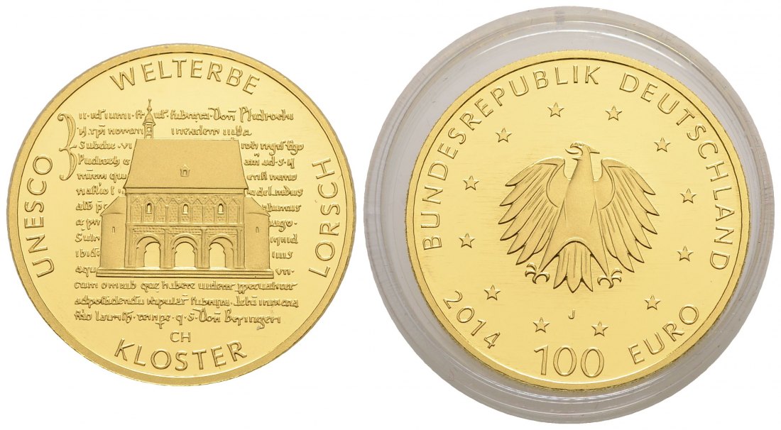 PEUS 3696 BRD 15,55 g Feingold. Kloster Lorsch OHNE Etui + Zertifikat 100 Euro GOLD 2014 J Hamburg Stempelglanz (Originalkapsel)