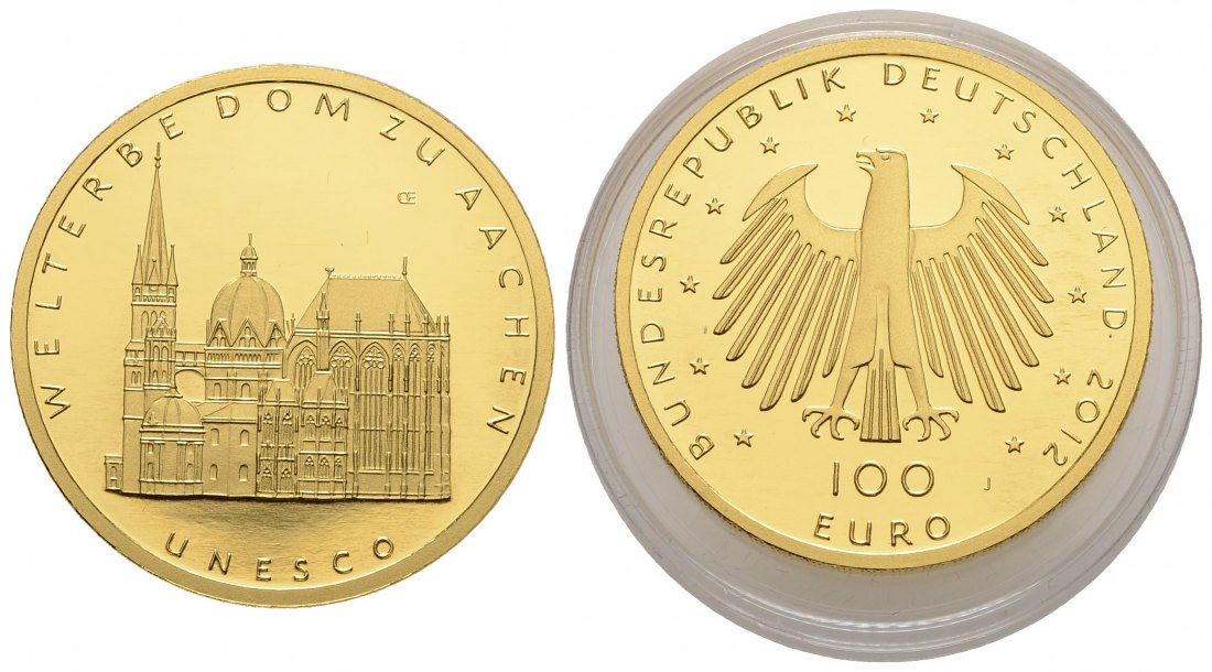 PEUS 3697 BRD 15,55 g Feingold. Dom zu Aachen OHNE Etui + Zertifikat 100 Euro GOLD 2012 J Hamburg Stempelglanz (Originalkapsel)