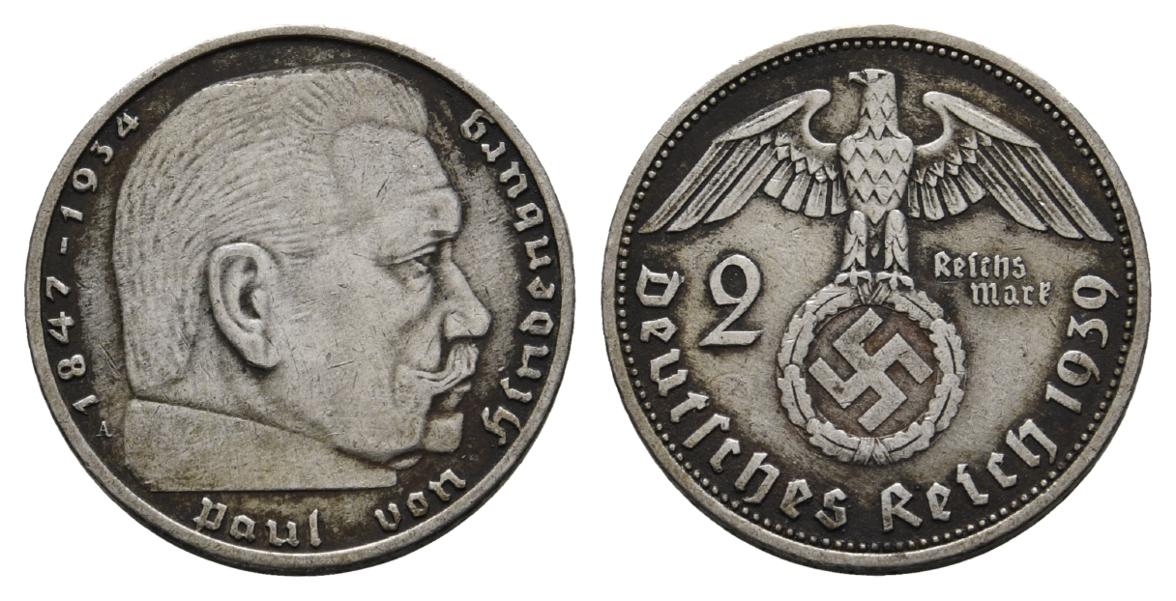  Drittes Reich, Hindenburg; 2 Reichsmark 1939   