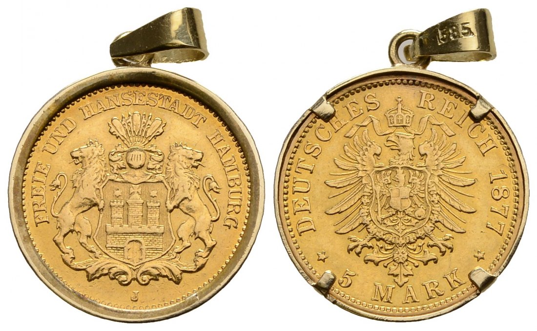 PEUS 3743 Hamburg - Kaiserreich Insg. 2,76 g rau. Münze 1,79 g Feingold, Fassung 585er 5 Mark GOLD 1877 J Gefasst, Sehr schön