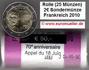 Frankreich Rolle...2 Euro Sondermünze 2010...70. J. Apell des 18. Juni C. de Gaulle   