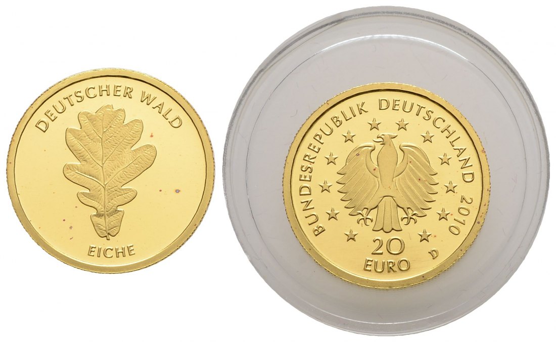 PEUS 3712 BRD 3,89 g Feingold. Deutscher Wald - Eiche OHNE Etui + Zertifikat 20 Euro GOLD 2010 D München Kl. roter Fleck, Stempelglanz (Kapsel)