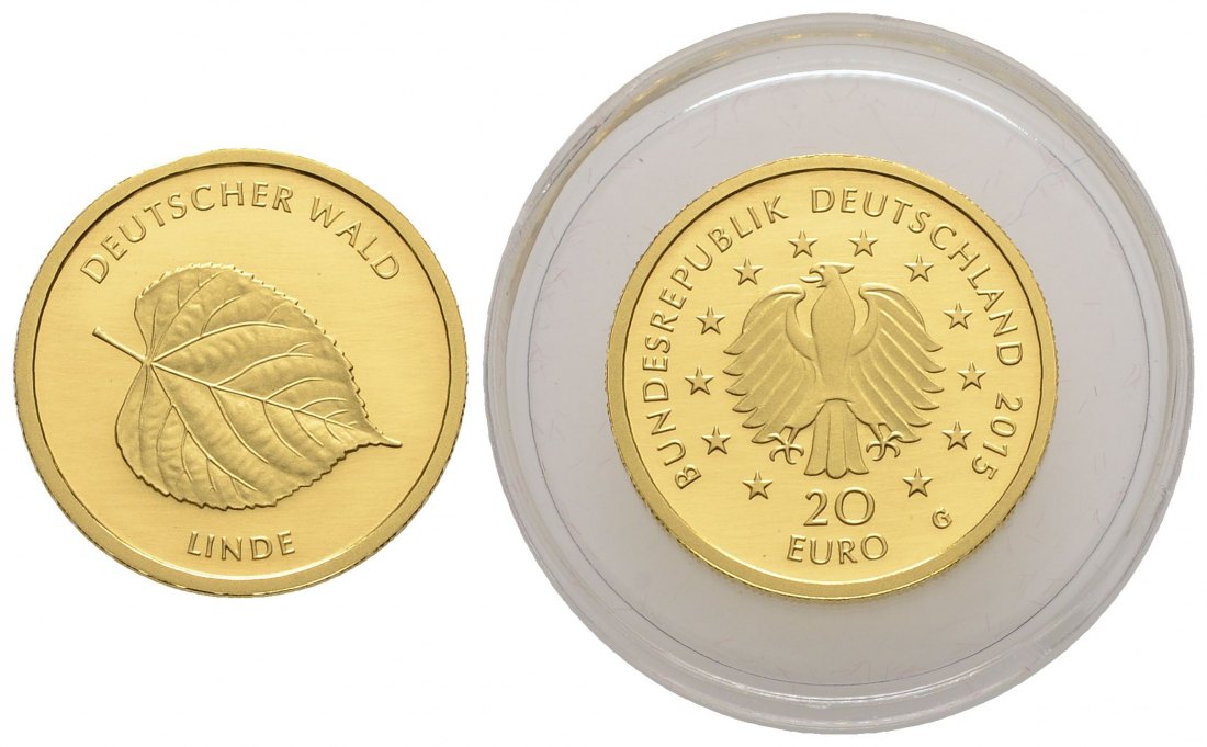 PEUS 3713 BRD 3,89 g Feingold. Deutscher Wald - Linde O H N E Etui + Zertifikat 20 Euro GOLD 2015 D München Stempelglanz (in Kapsel)