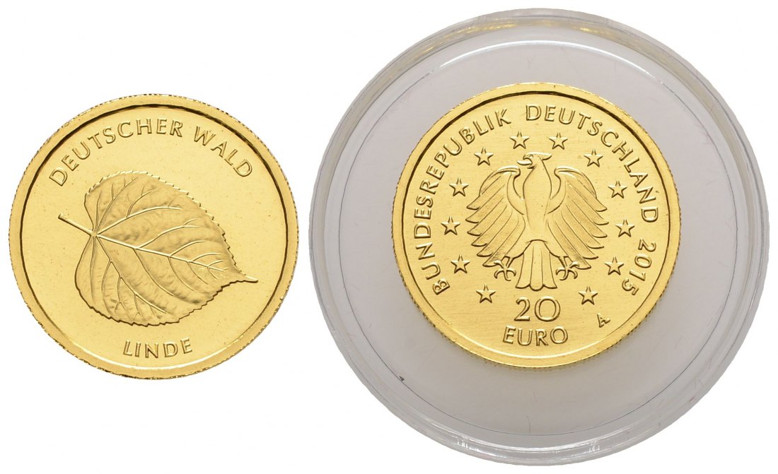 PEUS 3715 BRD 3,89 g Feingold. Deutscher Wald - Linde O H N E Etui + Zertifikat 20 Euro GOLD 2015 A Berlin Stempelglanz (in Kapsel)