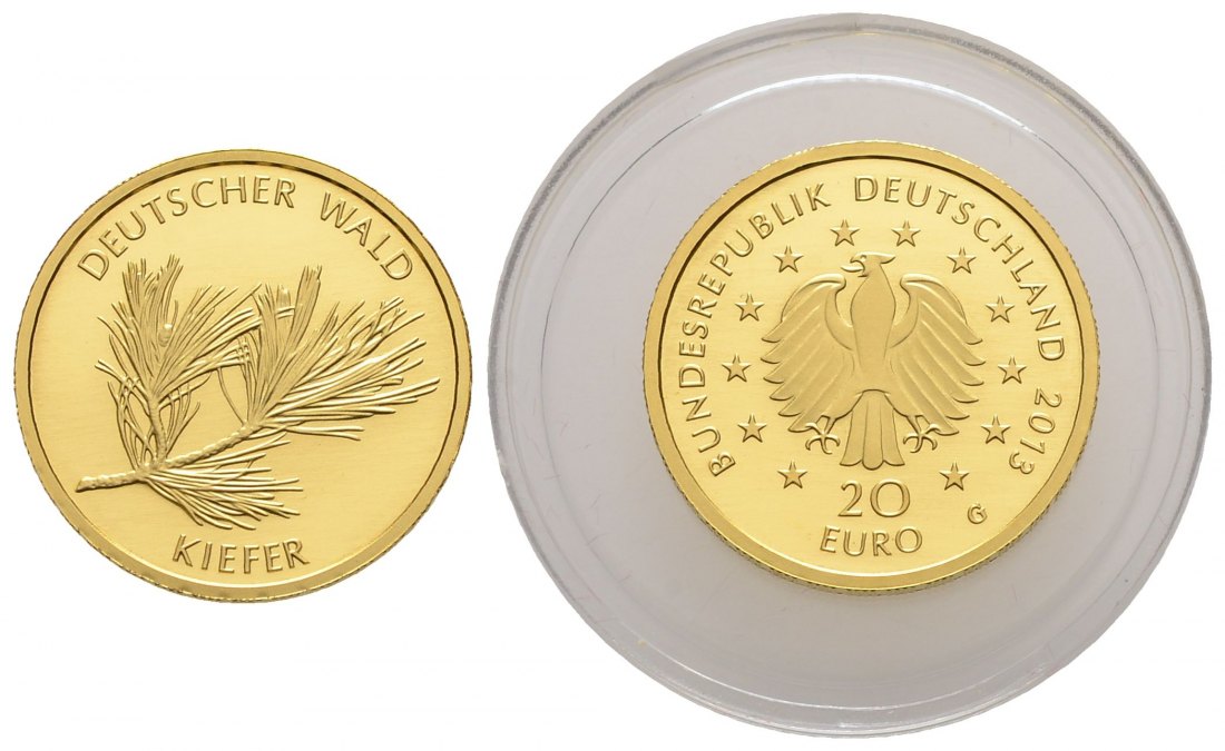 PEUS 3717 BRD 3,89 g Feingold. Deutscher Wald - Kiefer OHNE Zertifikat + Verpackung 20 Euro GOLD 2013 G Karlsruhe Stempelglanz (Kapsel)